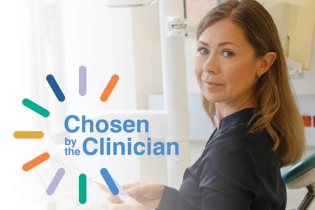 Chosen by the Clinician logo next to a standing woman