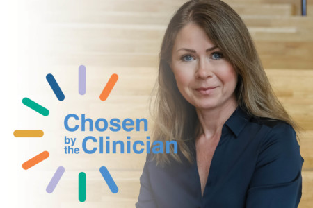 Chosen by the Clinician logo next to a woman
